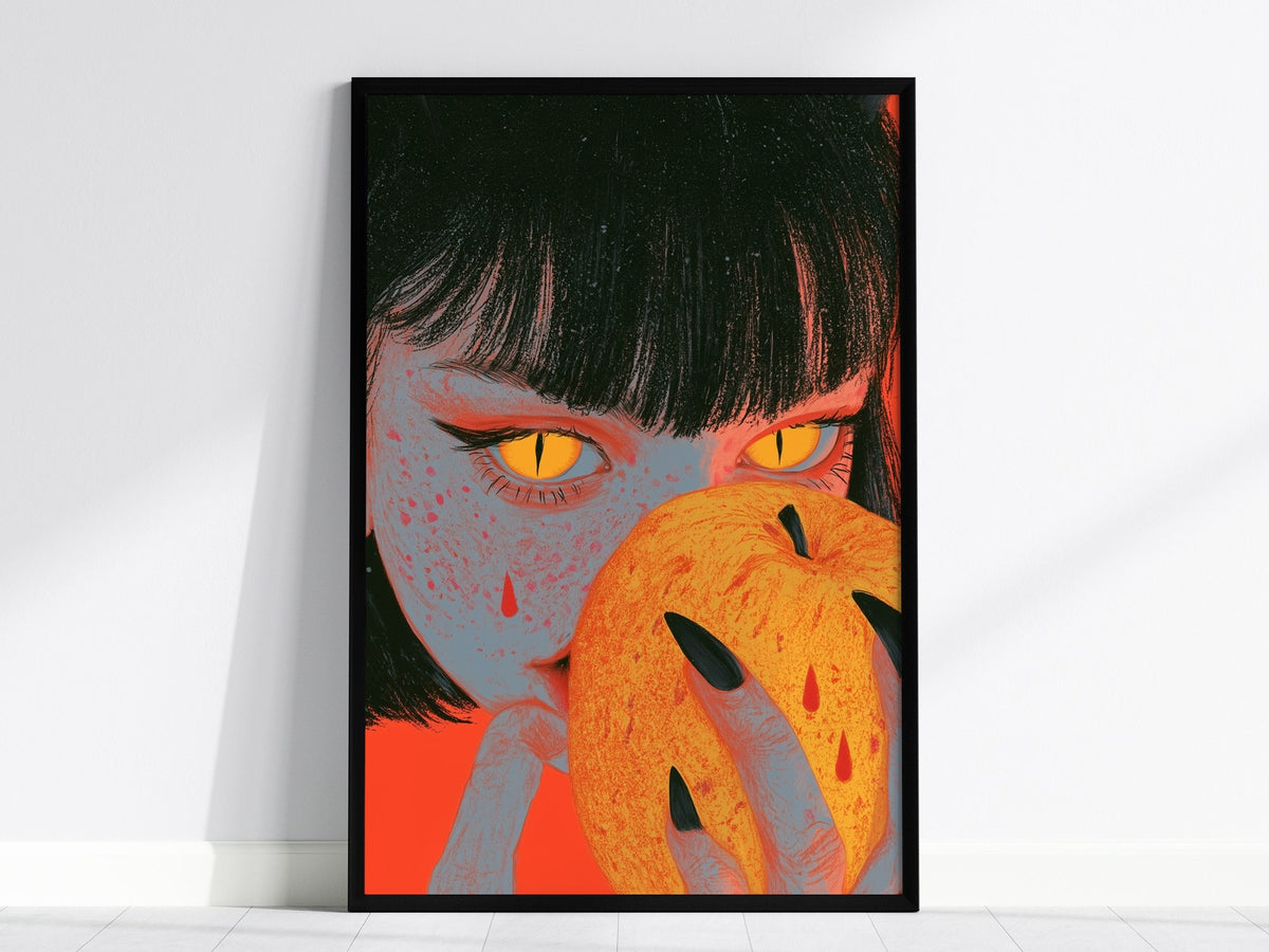 Devil Bites Apple Poster | Coral and Yellow Illustrative Art Print | Dark Fantasy Wall Art — framed print on the wall, 24x36