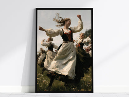 Woman Spins Summer Poster | Cream and Earth Oil Painting Art Print | Folk Art Wall Art — framed print on the wall, 24x36 in