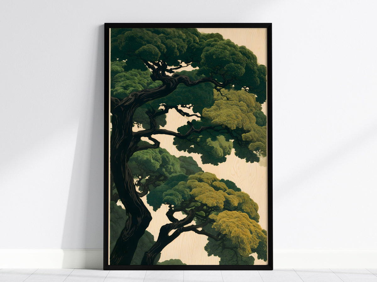 Under the Pines Poster | Forest Green Japanese Woodblock Art Print | Nature Lovers Wall Art — framed print on the wall, 24x36