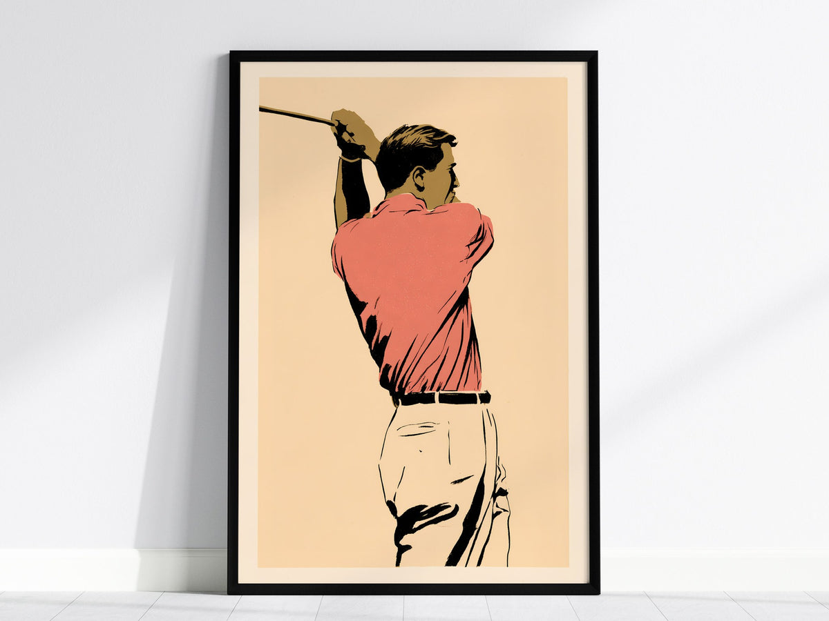 Golfer in Follow Through Poster | Pink and Cream Illustrative Art Print | Golf Wall Art — framed print on the wall, 24x36 in