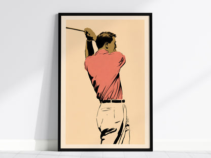 Golfer in Follow Through Poster | Pink and Cream Illustrative Art Print | Golf Wall Art — framed print on the wall, 24x36 in