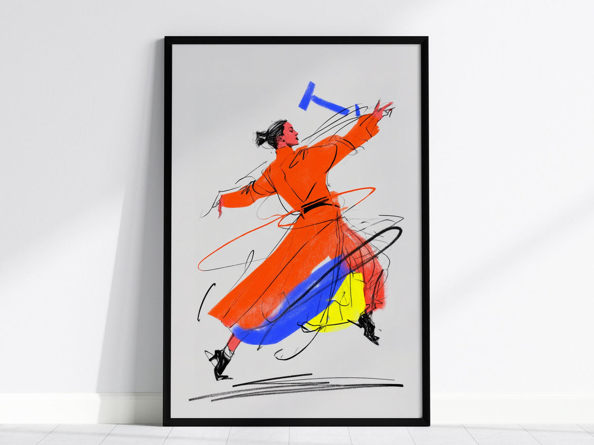 Dancer Breaks Free Poster | Pink and Orange Illustrative Art Print | Dance Studio Wall Art — framed print on the wall, 24x36