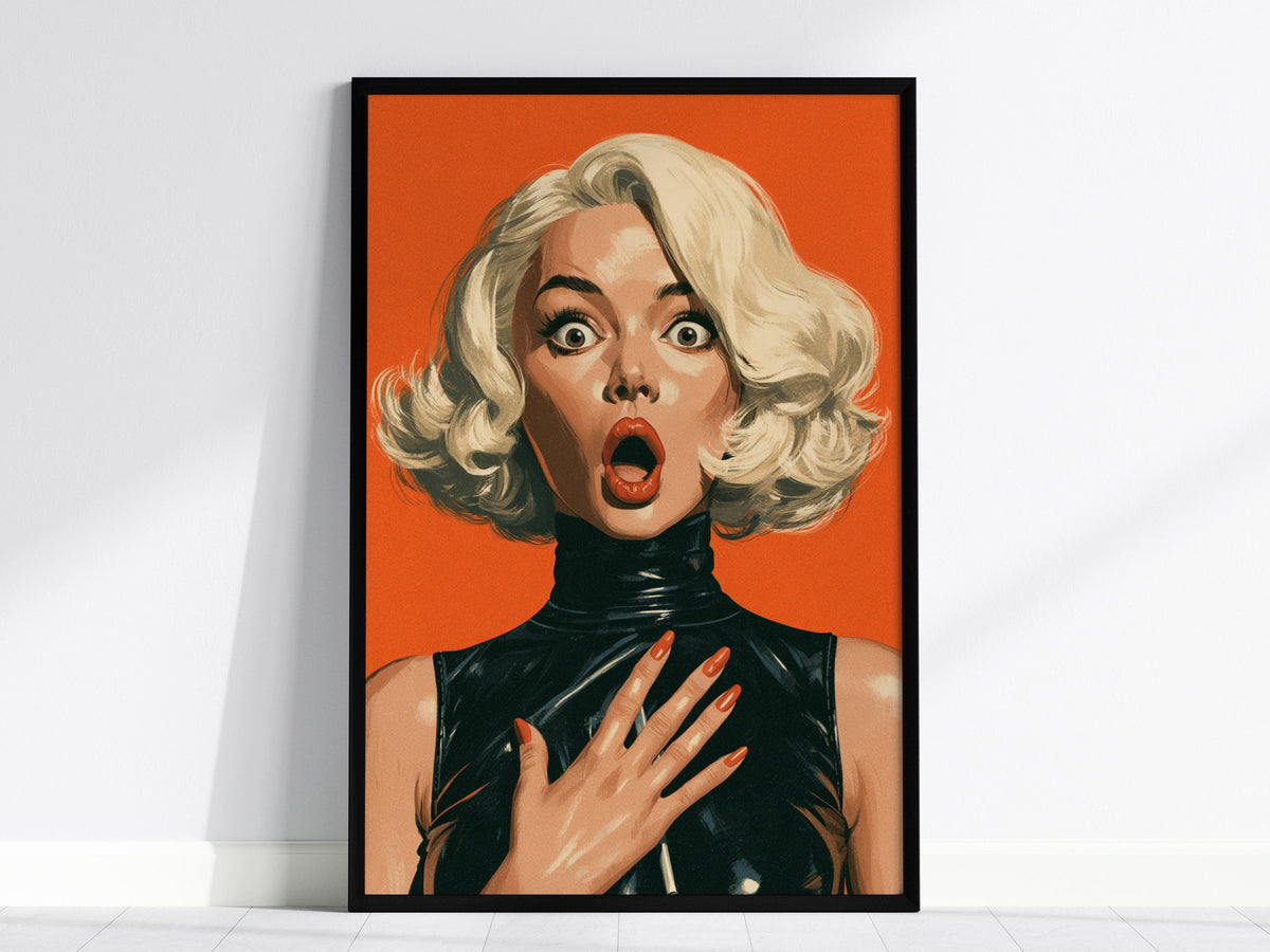 She Just Heard Poster | Orange and Black Illustrative Art Print | Pop Art Wall Art — framed print on the wall, 24x36 in