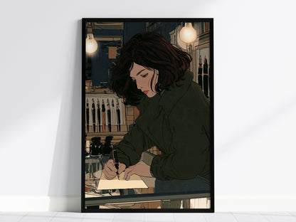 Girl Tests Pen Poster | Navy and Cream Illustrative Art Print | Dark Academia Wall Art — framed print on the wall, 24x36 in