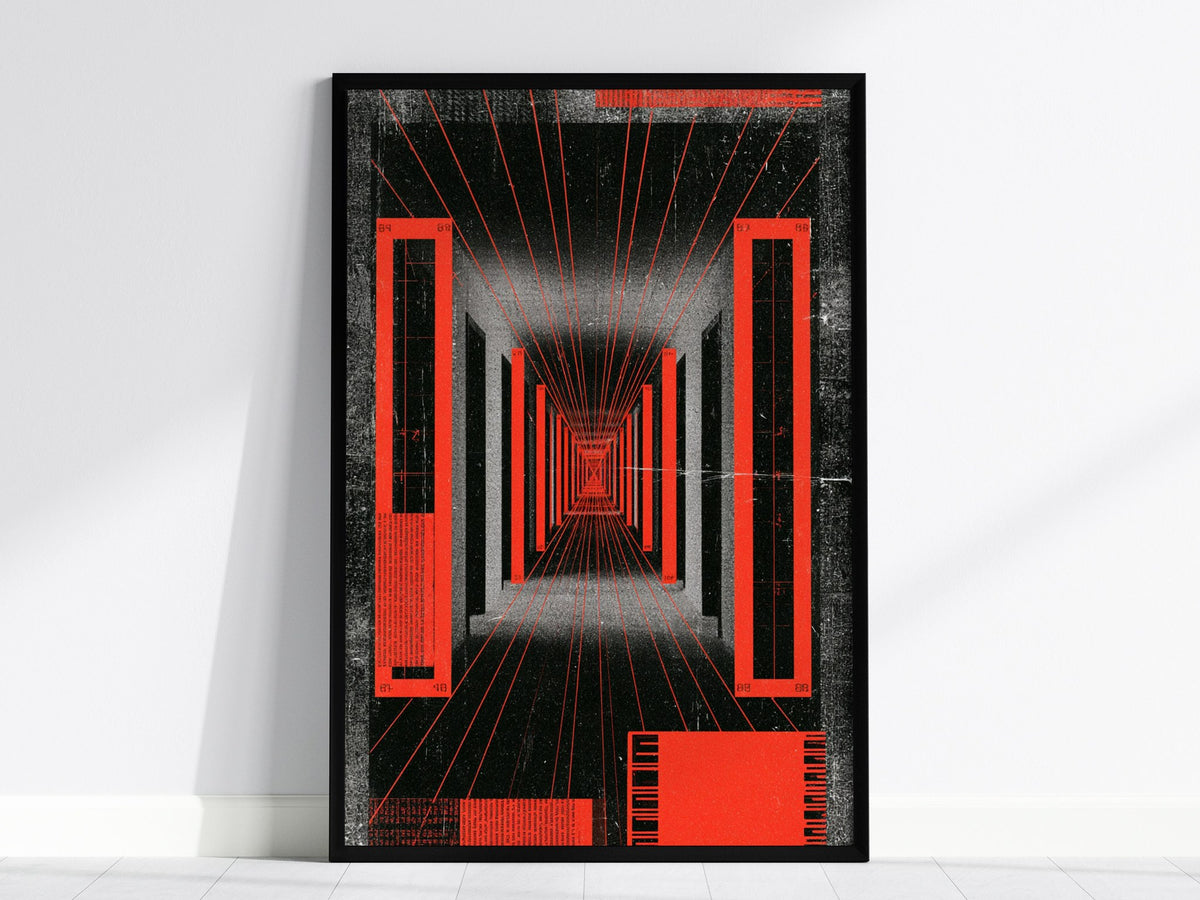 Corridor Radiates Red Poster | Red and Black Screen Print Art Print | Brutalist Wall Art — framed print on the wall, 24x36 in