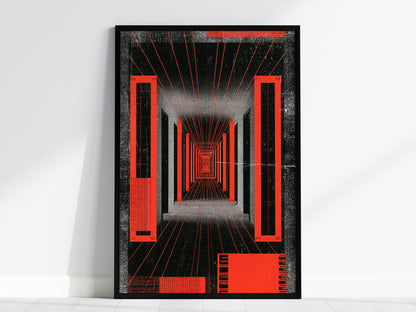 Corridor Radiates Red Poster | Red and Black Screen Print Art Print | Brutalist Wall Art — framed print on the wall, 24x36 in