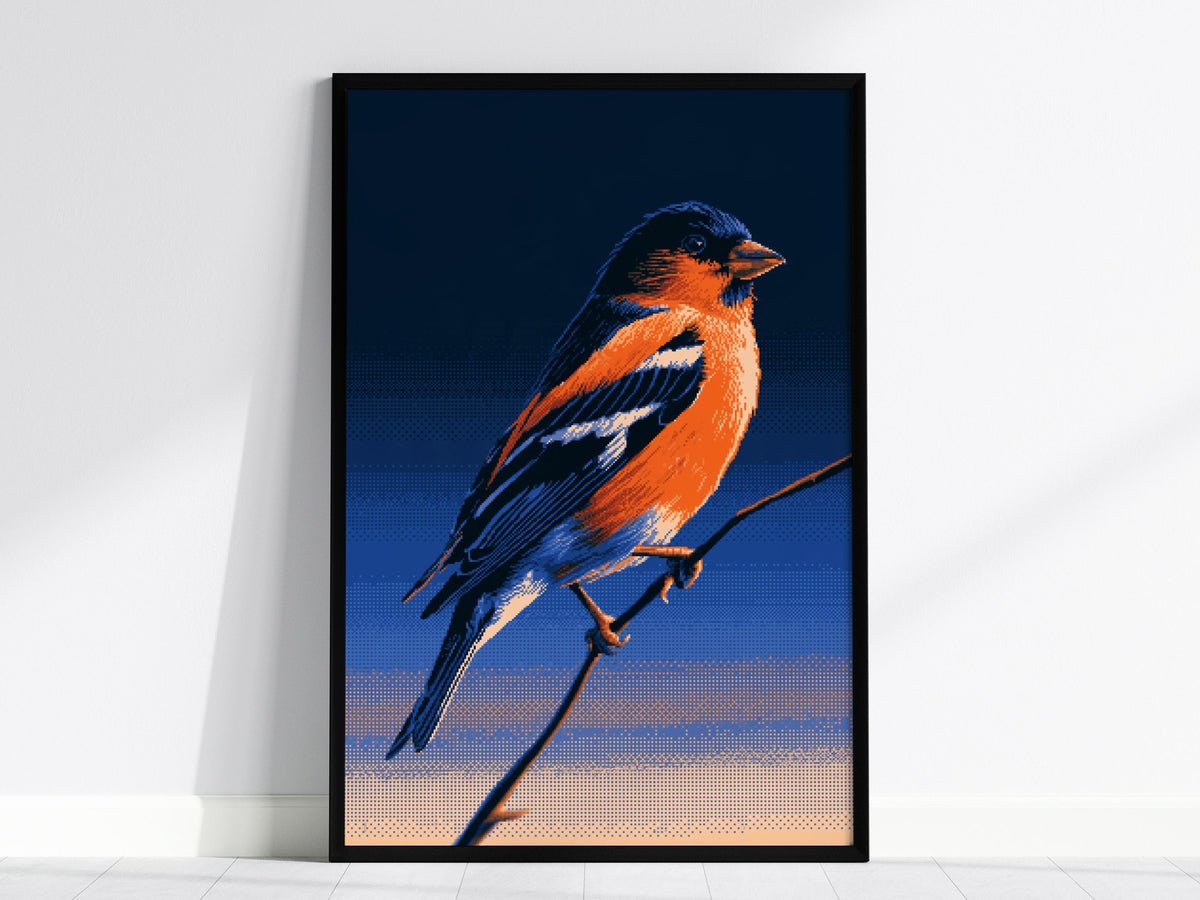 Bullfinch Burning Blue Poster | Navy and Orange Pixel Art Print | Retro Gaming Wall Art — framed print on the wall, 24x36 in
