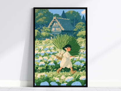 Harvest Walk Home Poster | Blue and Cream Illustrative Art Print | Cottagecore Wall Art — framed print on the wall, 24x36 in