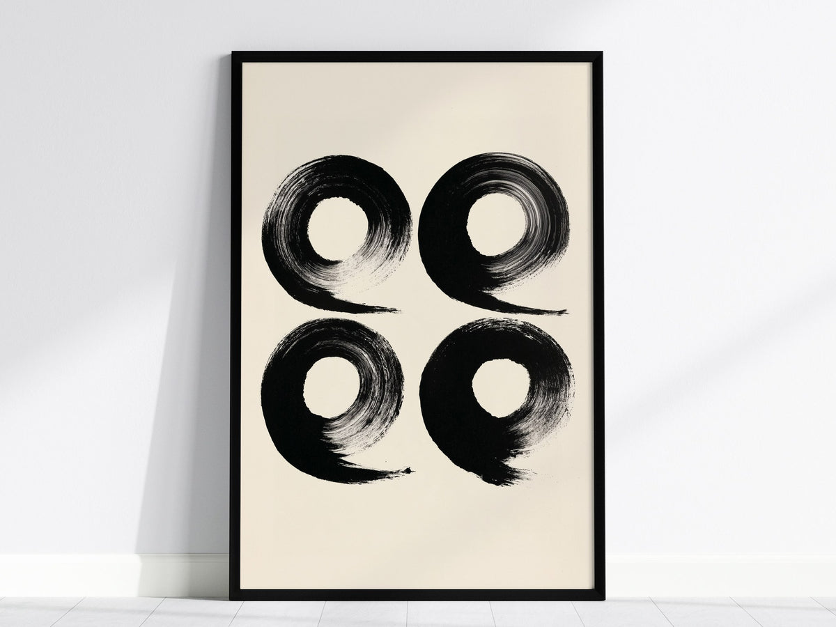 Four Organic Symbols Poster | Black and Cream Minimalism Art Print | Minimalist Wall Art — framed print on the wall, 24x36 in