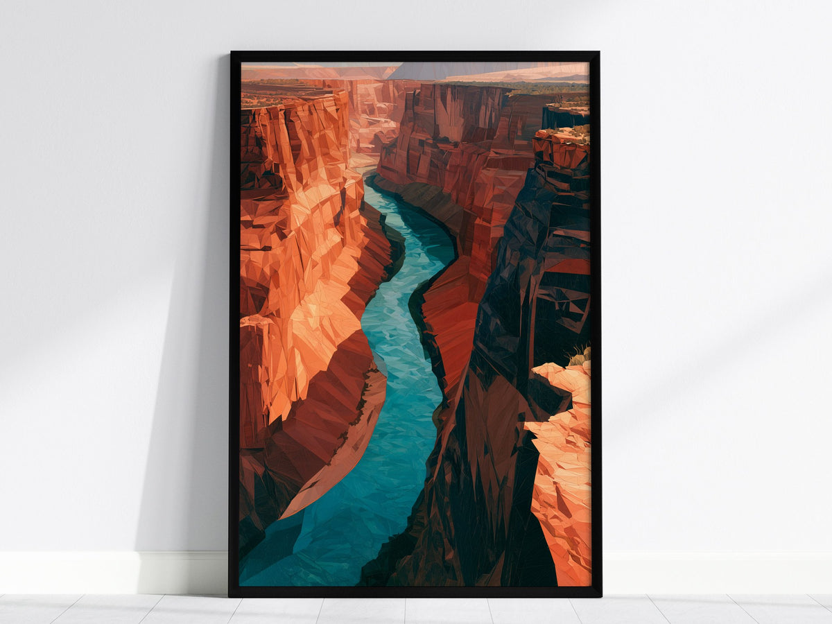 Canyon Holds River Poster | Turquoise and Ochre Low Poly Art Print | Modern Minimalist Wall Art — framed print on the wall, 2