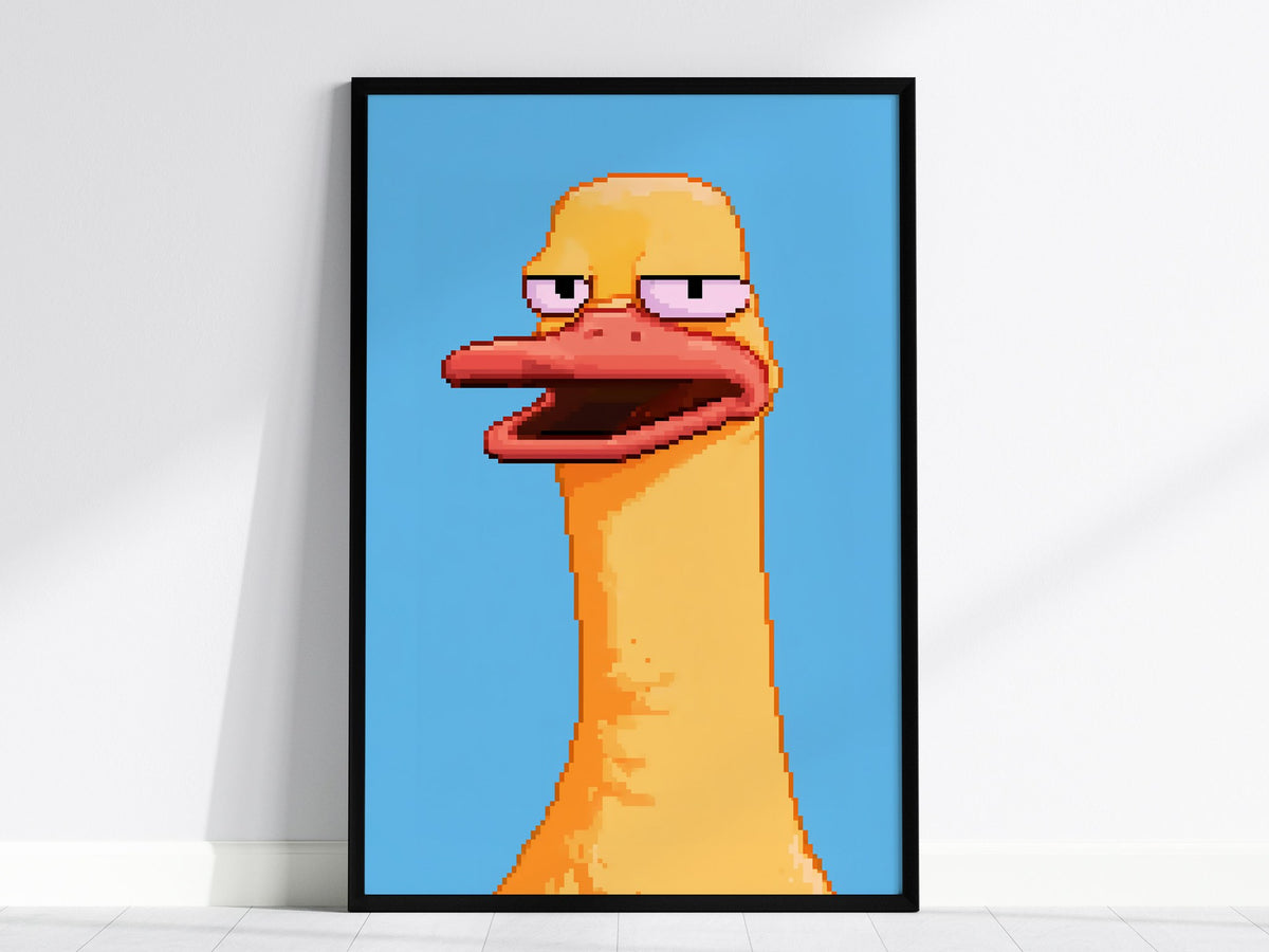 Tired Duck Portrait Poster | Pink and Yellow Pixel Art Print | Gaming Wall Art — framed print on the wall, 24x36 in