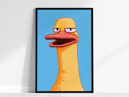 Tired Duck Portrait Poster | Pink and Yellow Pixel Art Print | Gaming Wall Art — framed print on the wall, 24x36 in