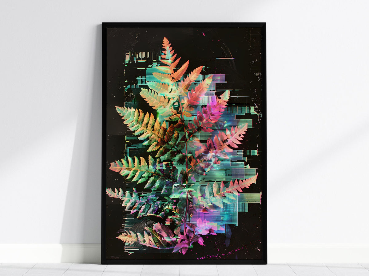 Glitch Fern Poster | Cyan and Magenta Abstract Art Print | Digital Art Wall Art — framed print on the wall, 24x36 in