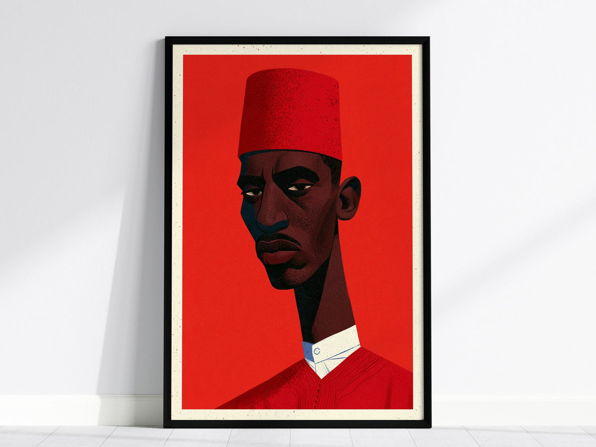 Man Wears Fez Poster | Red and Teal Illustrative Art Print | Retro Portrait Wall Art — framed print on the wall, 24x36 in