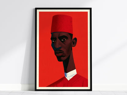 Man Wears Fez Poster | Red and Teal Illustrative Art Print | Retro Portrait Wall Art — framed print on the wall, 24x36 in