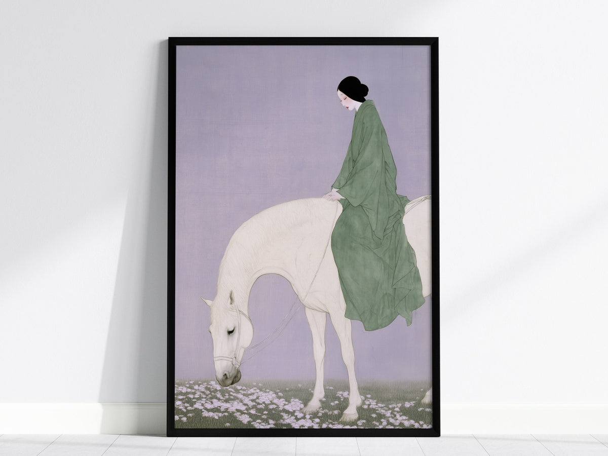 Lady Rides White Poster | Sage and Cream Japanese Watercolor Art Print | Minimalist Wall Art — framed print on the wall, 24x3