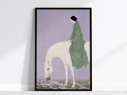 Lady Rides White Poster | Sage and Cream Japanese Watercolor Art Print | Minimalist Wall Art — framed print on the wall, 24x3
