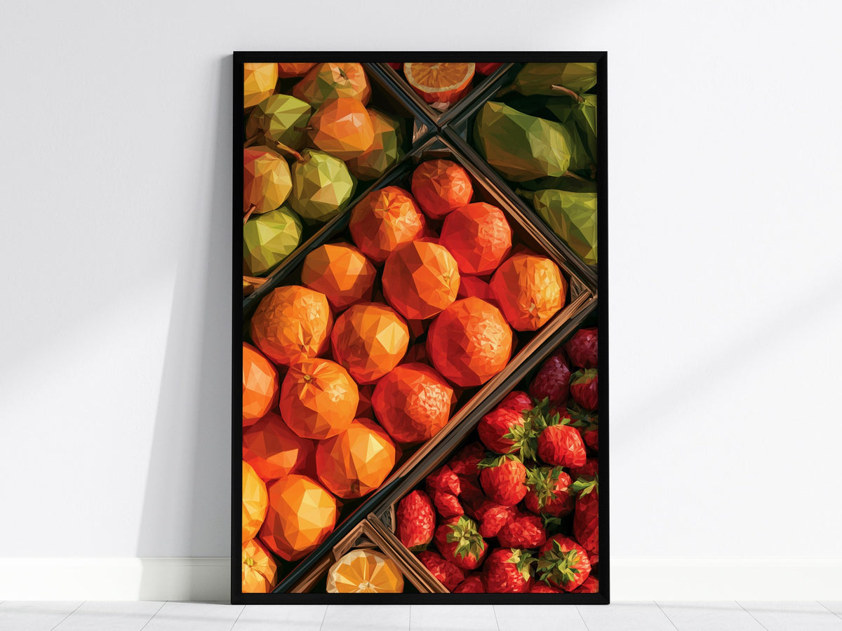 Fruit Stand Overhead Poster | Bold Citrus Low Poly Art Print | Kitchen Wall Art — framed print on the wall, 24x36 in