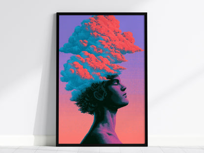 Cloud Mind Floats Poster | Coral and Turquoise Pixel Art Print | Retro Gaming Wall Art — framed print on the wall, 24x36 in