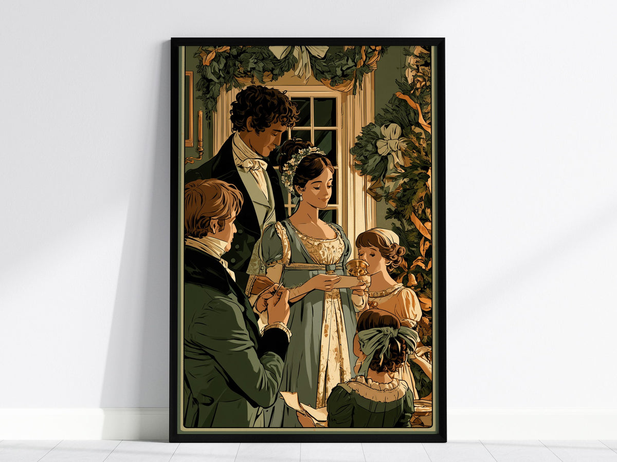 Regency Christmas Exchange Poster | Forest and Coral Illustrative Art Print | Regency Wall Art — framed print on the wall, 24