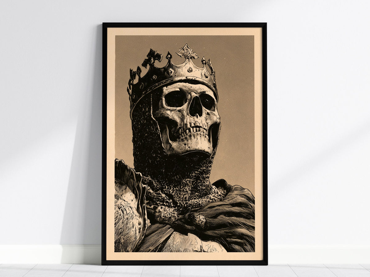 Dead King Reigns Poster | Red and Sepia Pen and Ink Art Print | Dark Fantasy Wall Art — framed print on the wall, 24x36 in