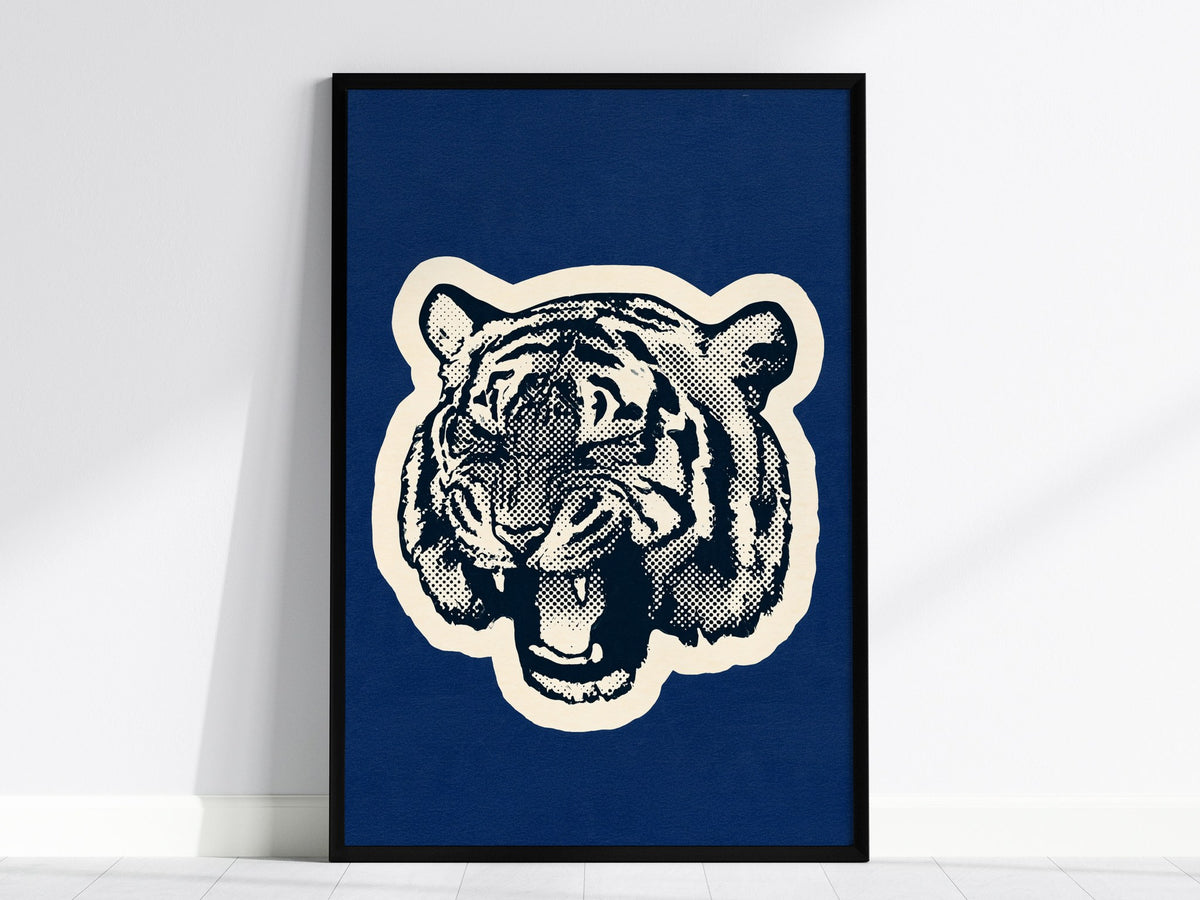 Tiger Roars Blue Poster | Navy and Cobalt Screen Print Art Print | Mid-Century Wall Art — framed print on the wall, 24x36 in