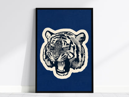 Tiger Roars Blue Poster | Navy and Cobalt Screen Print Art Print | Mid-Century Wall Art — framed print on the wall, 24x36 in