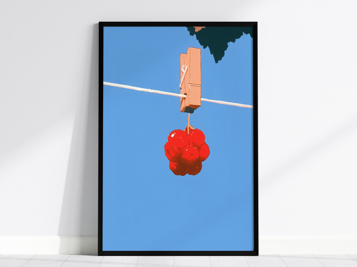 Cherries Hang Drying Poster | Red and Blue Illustrative Art Print | Kitchen Wall Art — framed print on the wall, 24x36 in