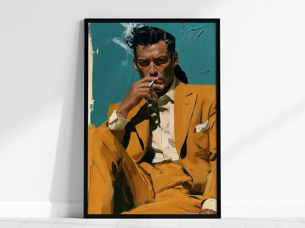Man Lights Cigarette Poster | Teal and Mustard Oil Painting Art Print | Mid-Century Modern Wall Art — framed print on the wal
