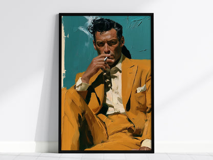 Man Lights Cigarette Poster | Teal and Mustard Oil Painting Art Print | Mid-Century Modern Wall Art — framed print on the wal