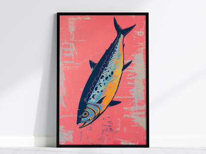 Sardine Tin on Pink Poster | Pink and Cobalt Screen Print Art Print | Kitchen Wall Art — framed print on the wall, 24x36 in