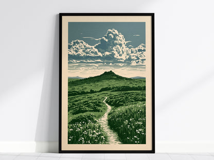 Moorland Cloud Tower Poster | Green and Cream Screen Print Art Print | Nature Lover Wall Art — framed print on the wall, 24x3