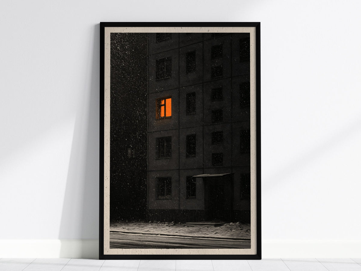 One Light Waits Poster | Black and Amber Pen and Ink Art Print | Dark Academia Wall Art — framed print on the wall, 24x36 in