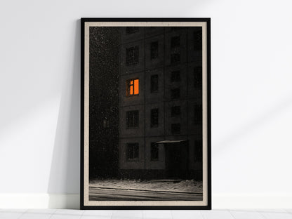 One Light Waits Poster | Black and Amber Pen and Ink Art Print | Dark Academia Wall Art — framed print on the wall, 24x36 in