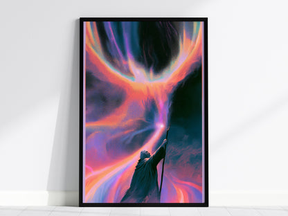 Wizard Channels Phoenix Poster | Cyan and Magenta Screen Print Art Print | Dark Fantasy Wall Art — framed print on the wall