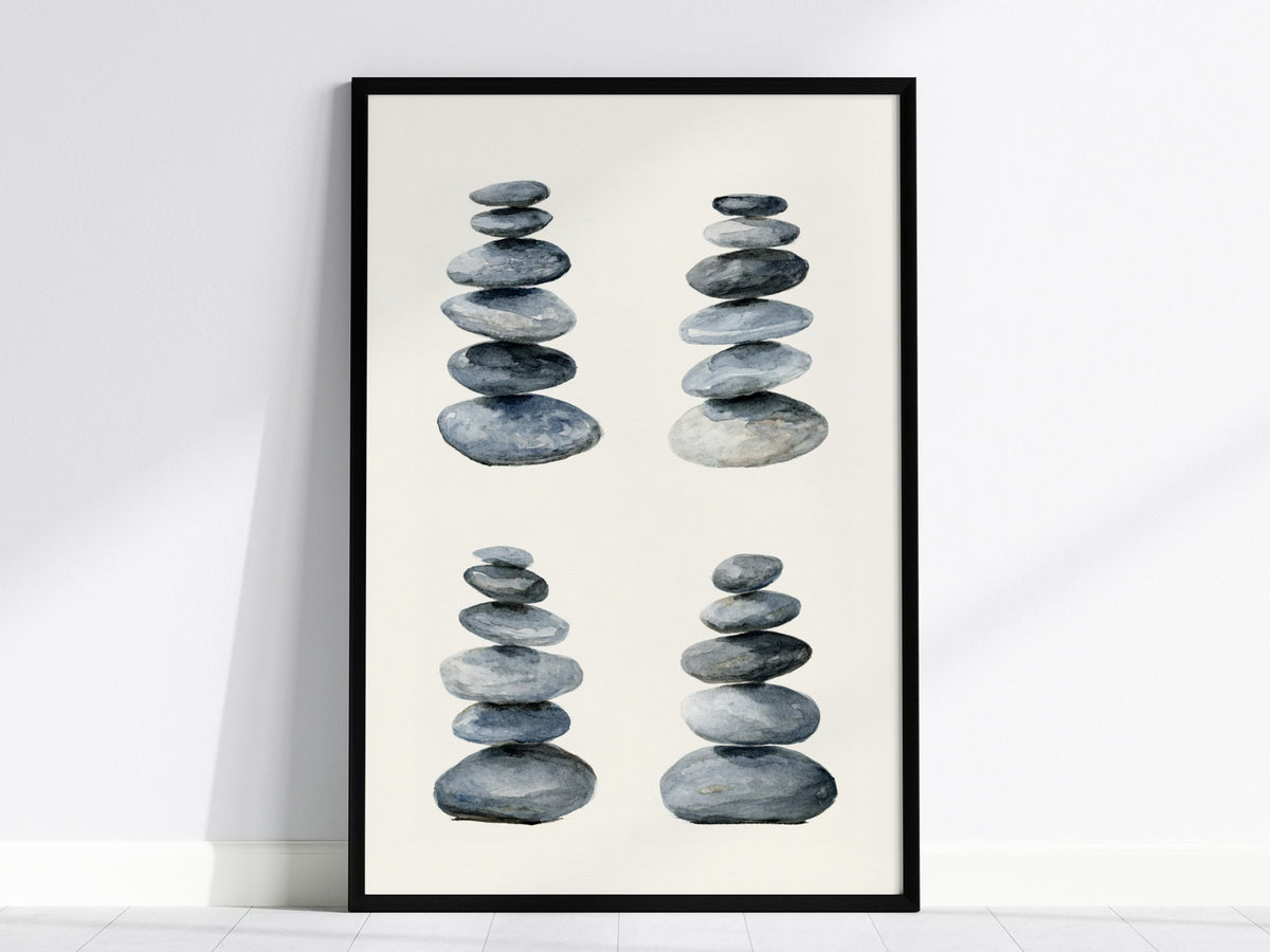 Four Stone Arrangements Poster | Gray and Blue-Gray Japanese Watercolor Art Print | Minimalist Wall Art — framed print on the