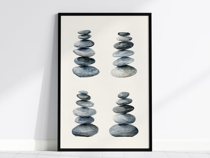 Four Stone Arrangements Poster | Gray and Blue-Gray Japanese Watercolor Art Print | Minimalist Wall Art — framed print on the