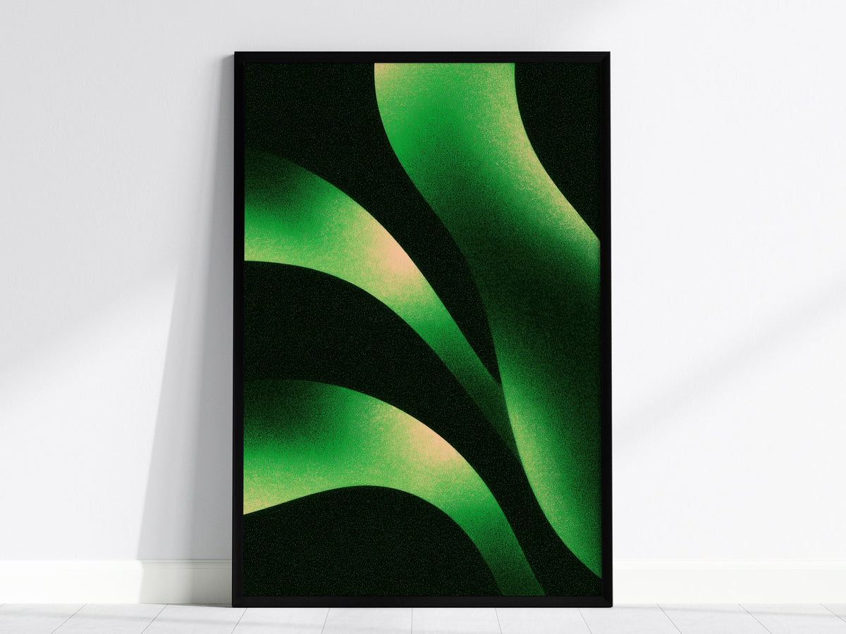 Sorrel Leaf Curves Poster | Lime and Black Illustrative Art Print | Kitchen Wall Art — framed print on the wall, 24x36 in
