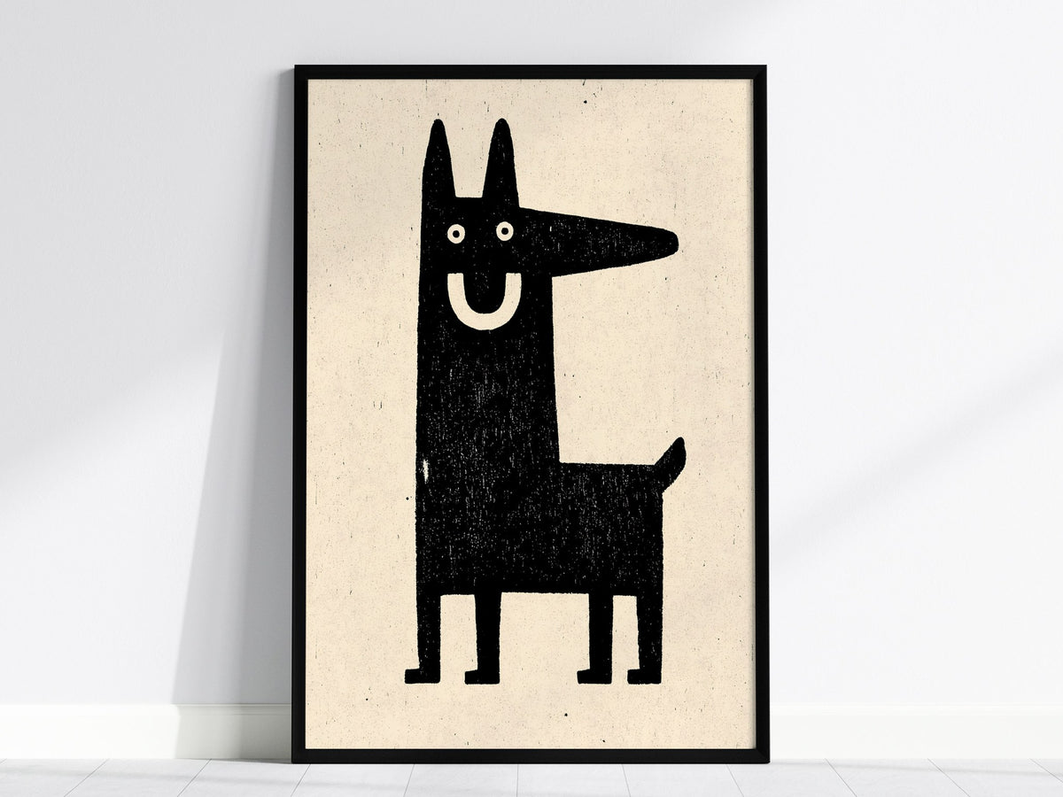 Grinning Dog Poster | Black and Cream Screen Print Art Print | Folk Art Wall Art — framed print on the wall, 24x36 in
