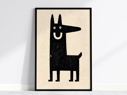 Grinning Dog Poster | Black and Cream Screen Print Art Print | Folk Art Wall Art — framed print on the wall, 24x36 in