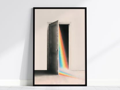 Rainbow Through the Door Poster | Rainbow and Black Pen and Ink Art Print | Mystic Wall Art — framed print on the wall, 24x36