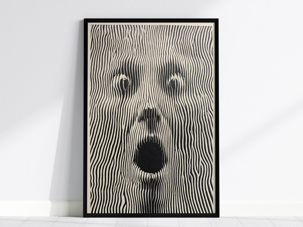 Panic Face Poster | Black and Cream Pen and Ink Art Print | Dark Art Wall Art — framed print on the wall, 24x36 in