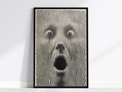 Panic Face Poster | Black and Cream Pen and Ink Art Print | Dark Art Wall Art — framed print on the wall, 24x36 in
