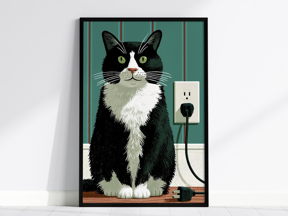 Tuxedo Cat Unplugged Poster | Sage and Cream Illustrative Art Print | Cat Lover Wall Art — framed print on the wall, 24x36 in