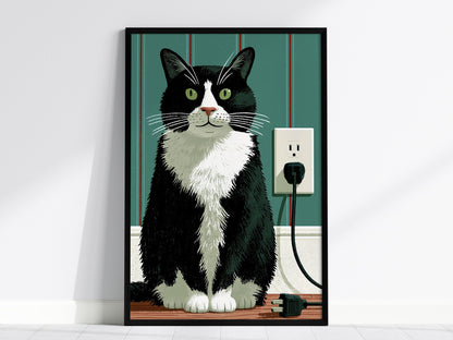 Tuxedo Cat Unplugged Poster | Sage and Cream Illustrative Art Print | Cat Lover Wall Art — framed print on the wall, 24x36 in