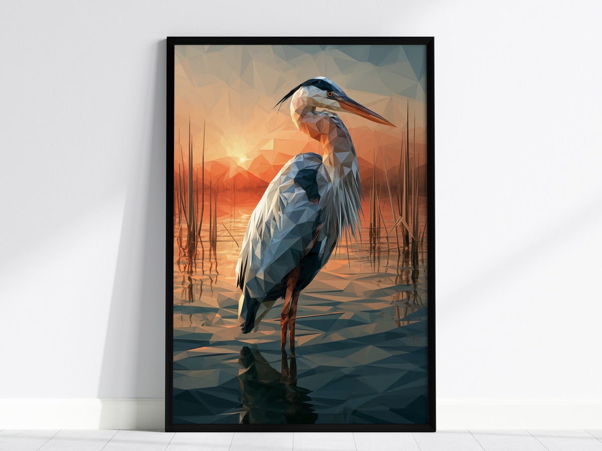Heron Guards Dusk Poster | Slate and Burnt Low Poly Art Print | Minimalist Wall Art — framed print on the wall, 24x36 in