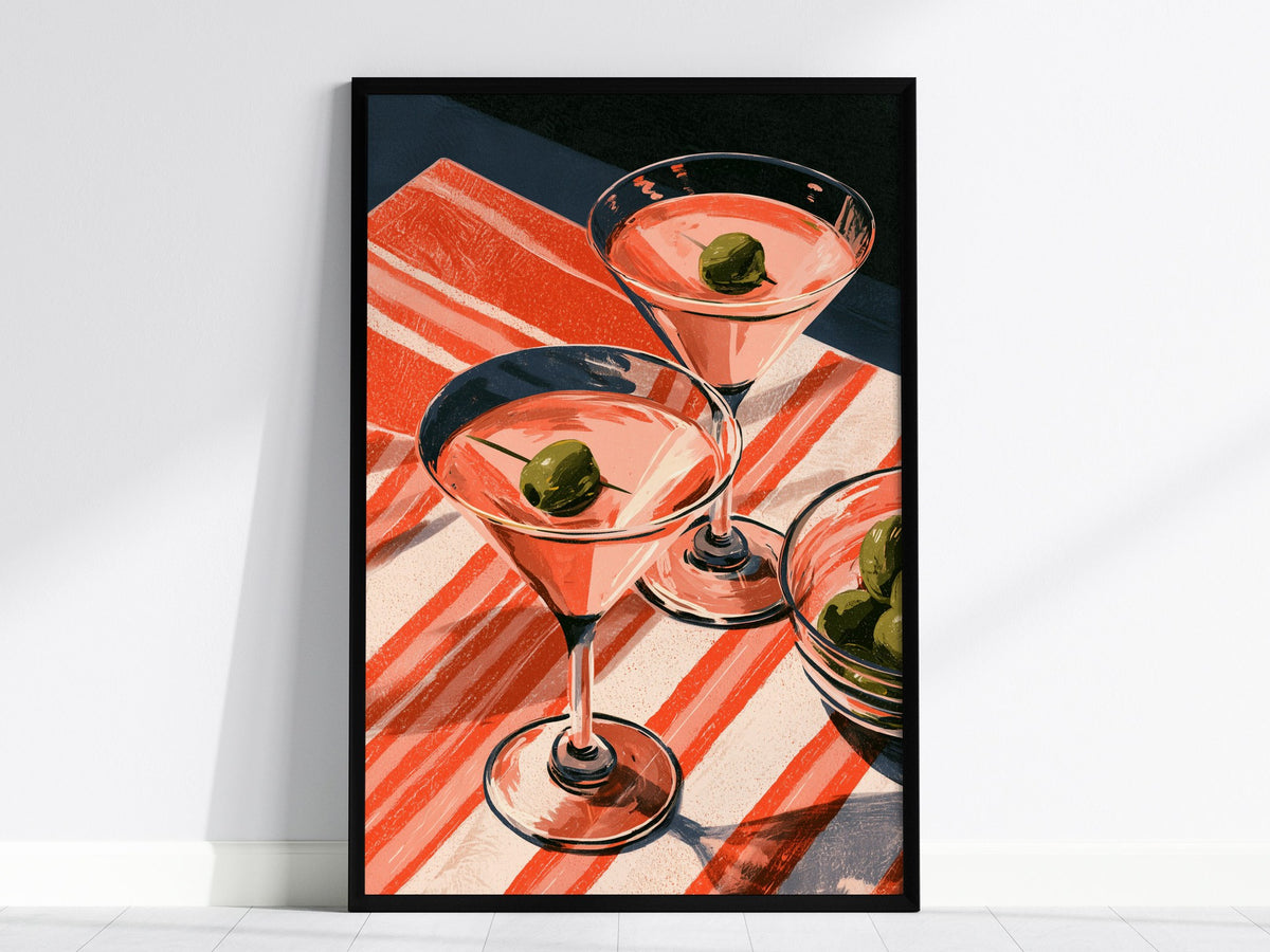 Striped Martini Still Life Poster | Red and Pink Illustrative Art Print | Kitchen Wall Art — framed print on the wall, 24x36