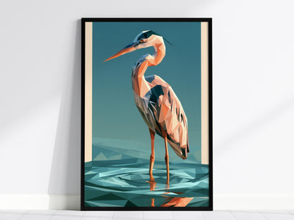 Heron Stands Lagoon Poster | Teal and Orange Low Poly Art Print | Modern Minimalist Wall Art — framed print on the wall, 24x3
