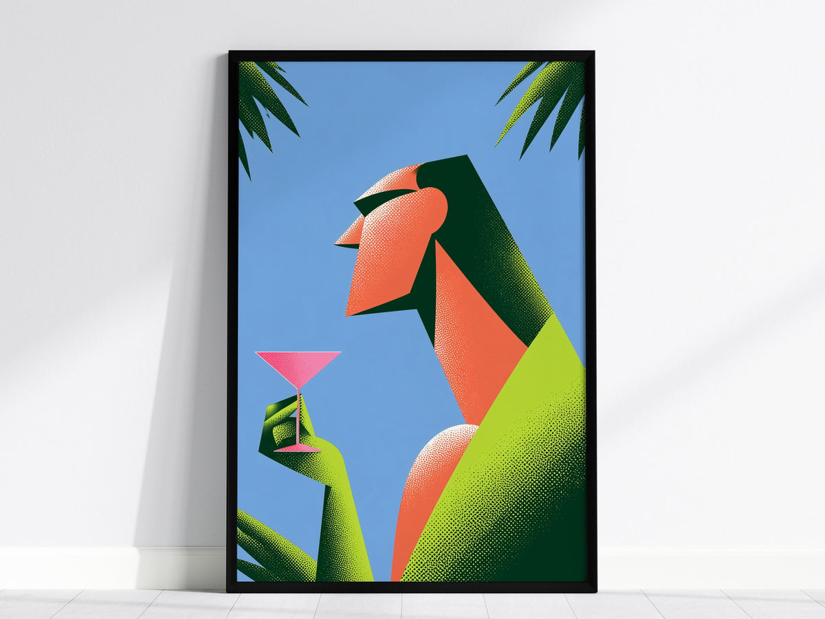 Modernist Sips Pink Poster | Pink and Periwinkle Screen Print Art Print | Art Deco Wall Art — framed print on the wall, 24x36