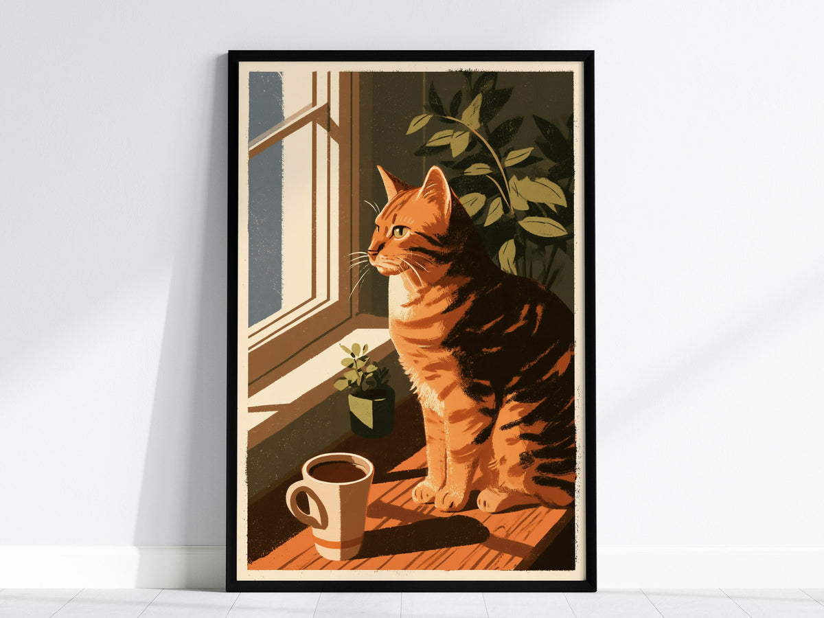 Cat Watches Morning Poster | Warm Ochre Illustrative Art Print | Cat Lover Wall Art — framed print on the wall, 24x36 in